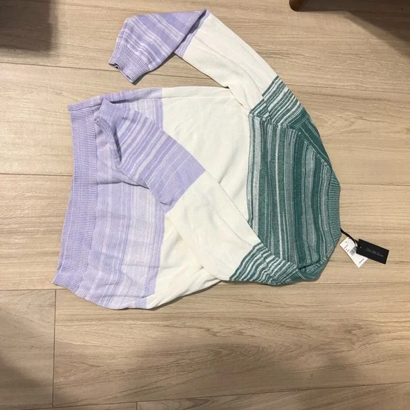 Saks Fifth Avenue Green, White & Lilac Striped Crewneck Sweater